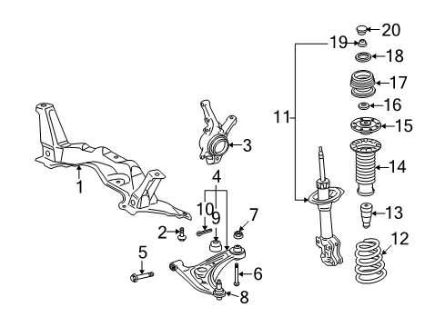 2012 Toyota Yaris Front Suspension Components, Lower Control Arm, Stabilizer Bar Suspension Crossmember Diagram for 51201-52087