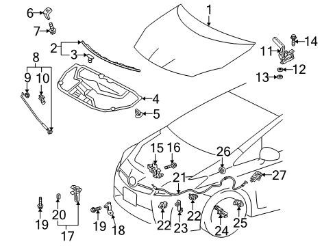 2012 Toyota Prius Plug-In Hood & Components Release Handle Diagram for 53601-02020-E2