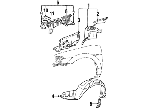 1992 Toyota Paseo Structural Components & Rails Fender Liner Retainer Diagram for 53879-16010