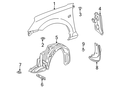 2002 Toyota MR2 Spyder Fender & Components, Exterior Trim Mud Guard Diagram for 76621-17030-F0