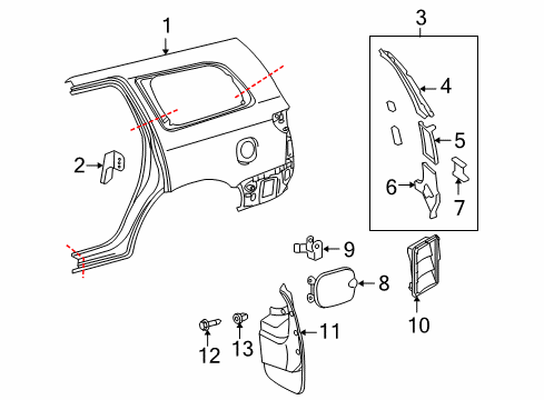 2009 Toyota Sequoia Quarter Panel & Components, Exterior Trim Fuel Door Diagram for 77350-0C021