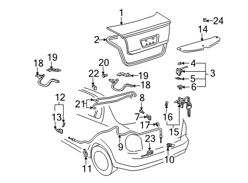 2003 Toyota Echo Trunk Lid Luggage Compartment Door Lock Assembly Diagram for 64610-52070