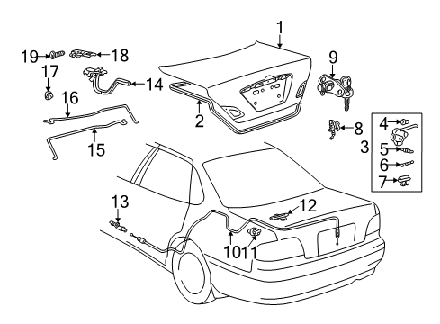 2000 Toyota Avalon Trunk Lock Assembly Diagram for 64600-AC010