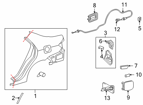 2010 Toyota Corolla Quarter Panel & Components Release Cable Diagram for 77035-02250