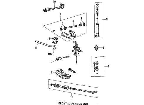 1994 Toyota Pickup Front Suspension Components, Lower Control Arm, Upper Control Arm, Stabilizer Bar Strut Rod Diagram for 48661-35030