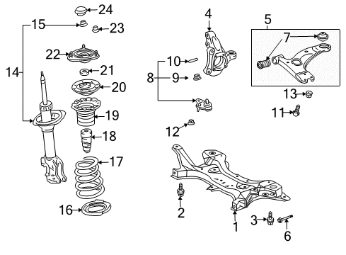 2009 Toyota Prius Front Suspension Components, Lower Control Arm, Stabilizer Bar Upper Insulator Diagram for 48157-02070