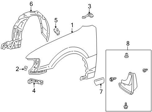 2002 Toyota Corolla Fender & Components, Exterior Trim Mud Guard Diagram for 76621-02050