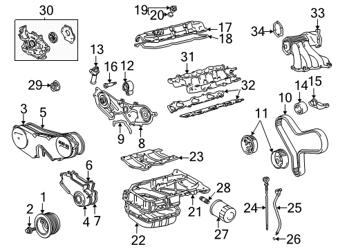 2006 Toyota Camry Engine Parts, Mounts, Cylinder Head & Valves, Camshaft & Timing, Oil Cooler, Oil Pan, Oil Pump, Balance Shafts, Crankshaft & Bearings, Pistons, Rings & Bearings Manifold Diagram for 17109-0A070