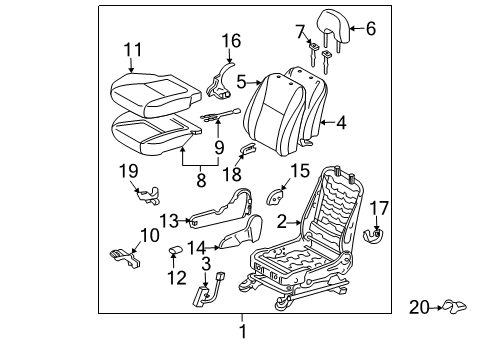 2008 Toyota Prius Front Seat Components Cushion Cover Diagram for 71071-47190-B1