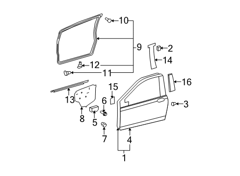 2007 Toyota Yaris Front Door & Components, Exterior Trim Cushion Screw Diagram for 90105-A0203