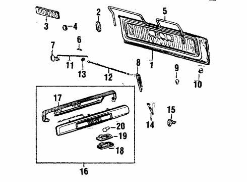 1985 Toyota Land Cruiser Tail Gate & Hardware, License Lamps, Exterior Trim Lock Diagram for 69380-90A01
